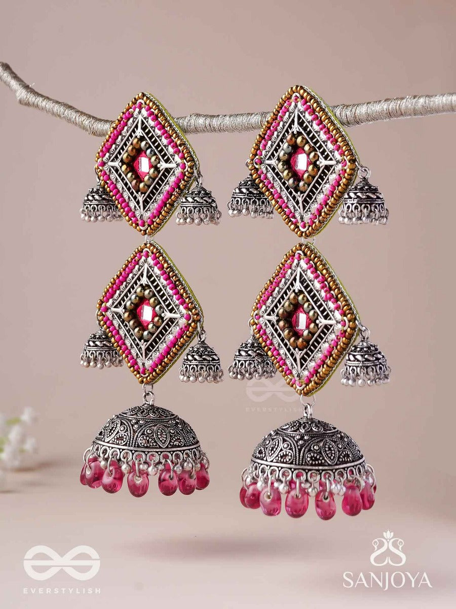 Vishruta-Celebrated Elegance-Statement Oxidised Jhumkas With Mirror, Beads And Thread Work