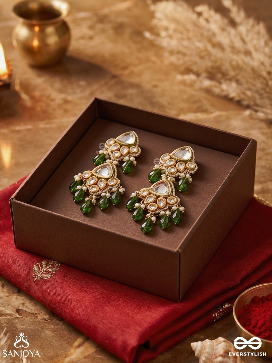 Kundalangi-Kundan Elegance- Traditional Pearl And Kundan Earrings Adorned With Beads, Stones, And Green Danglers For A Regal Touch.