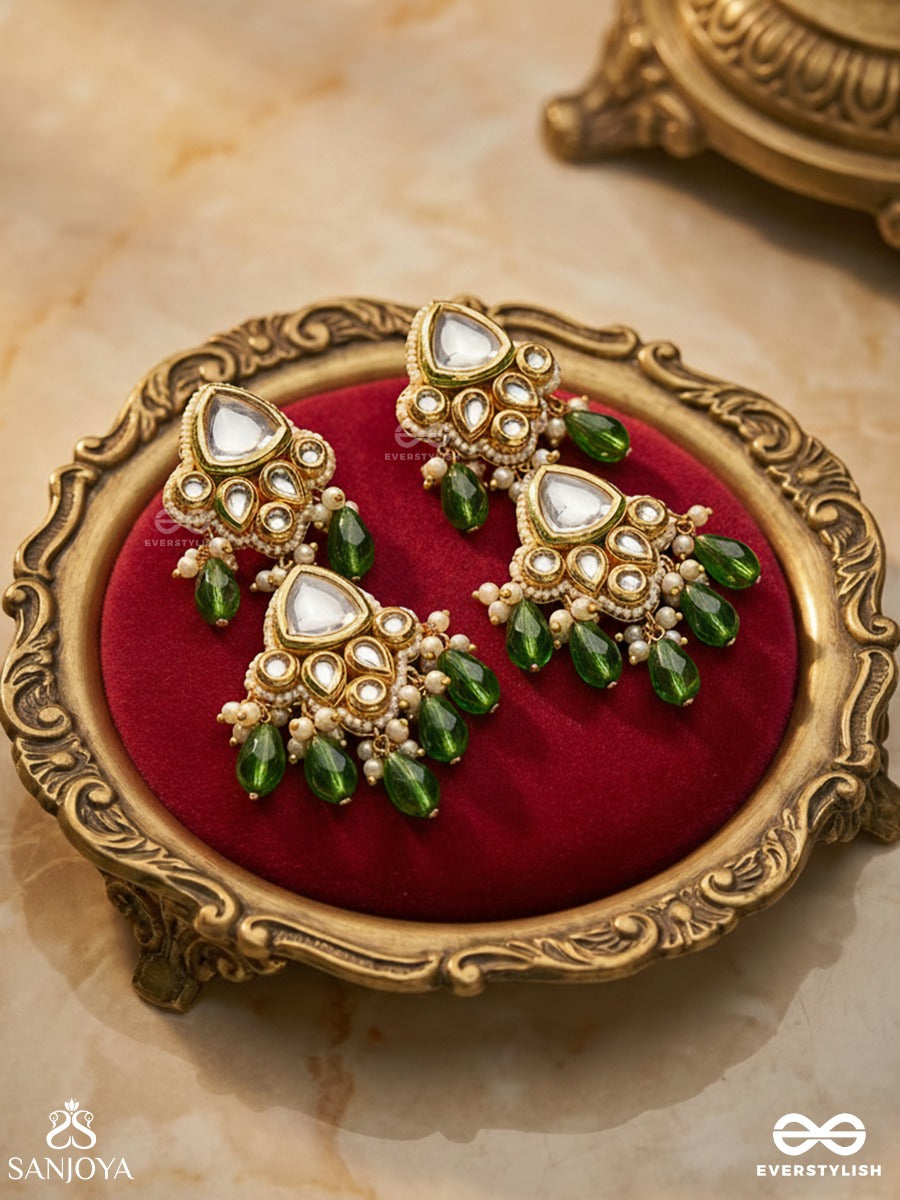 Kundalangi-Kundan Elegance- Traditional Pearl And Kundan Earrings Adorned With Beads, Stones, And Green Danglers For A Regal Touch.