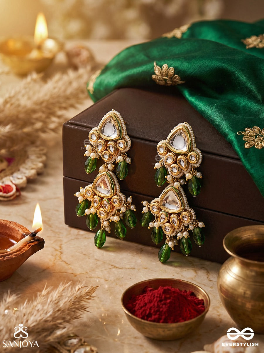 Kundalangi-Kundan Elegance- Traditional Pearl And Kundan Earrings Adorned With Beads, Stones, And Green Danglers For A Regal Touch.