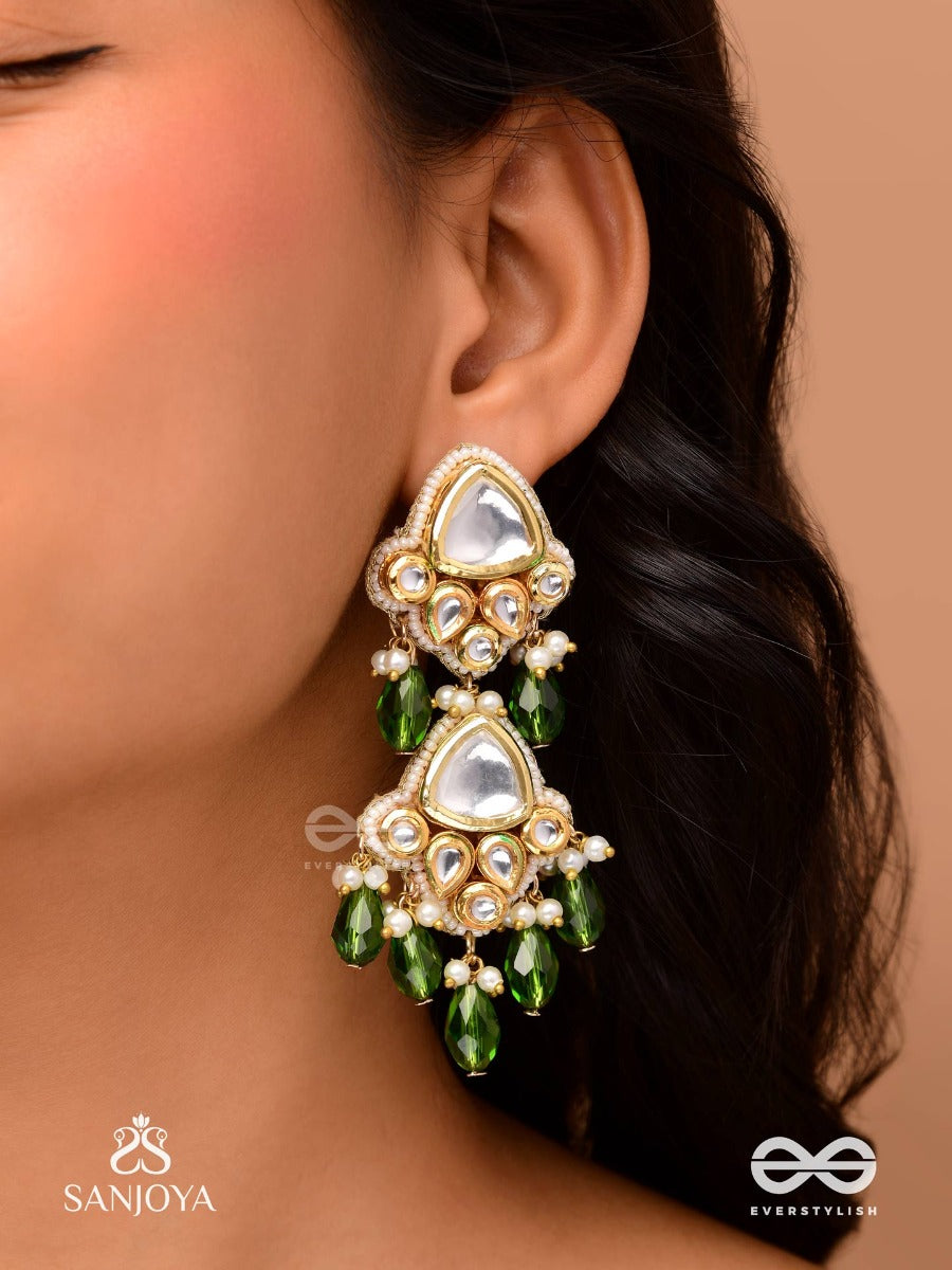 Kundalangi-Kundan Elegance- Traditional Pearl And Kundan Earrings Adorned With Beads, Stones, And Green Danglers For A Regal Touch.