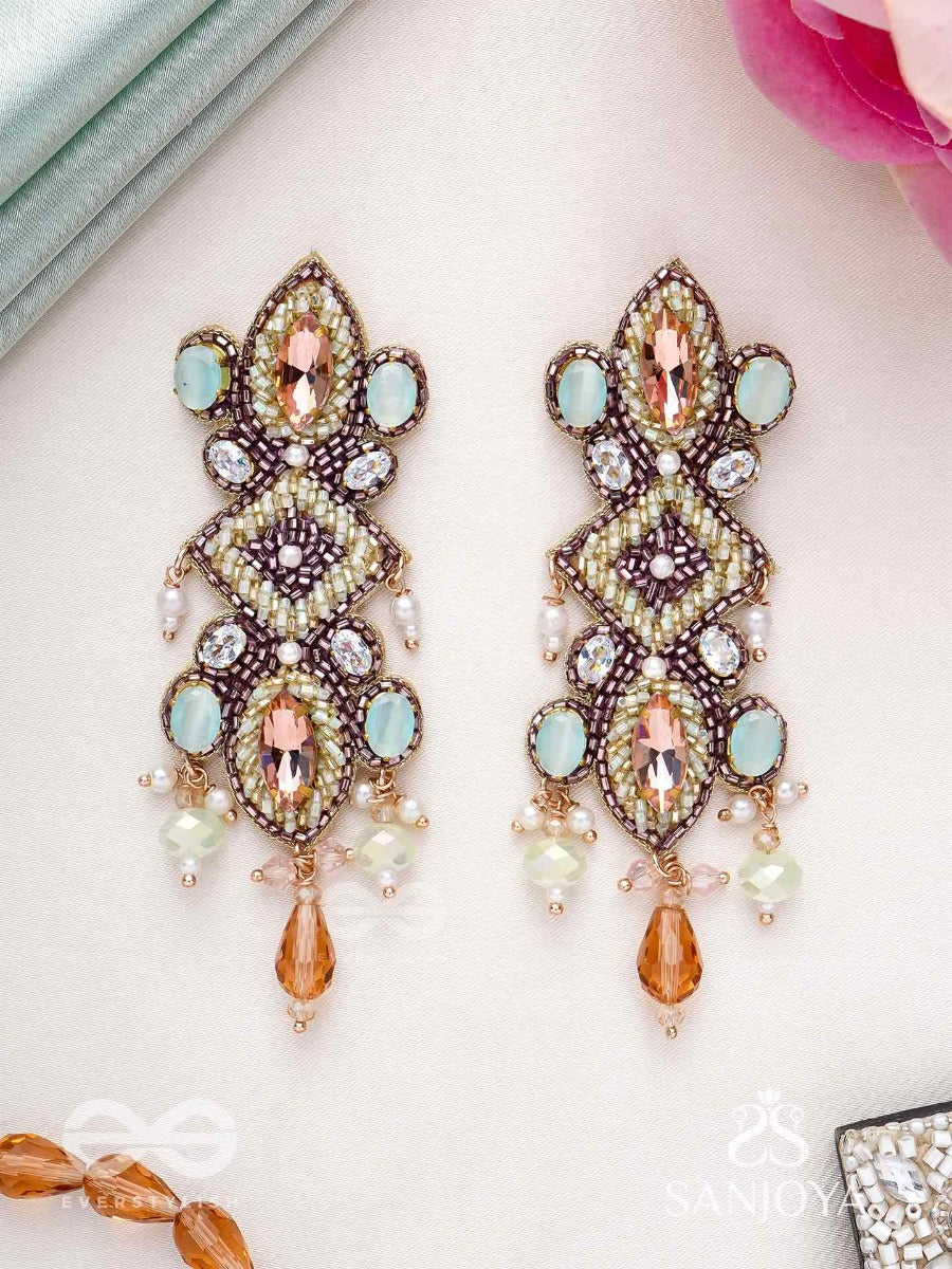 Shringarakundala-Ornamental Earrings-Turquoise And Tangerine Stones, Embellished With Beads And Pearls.