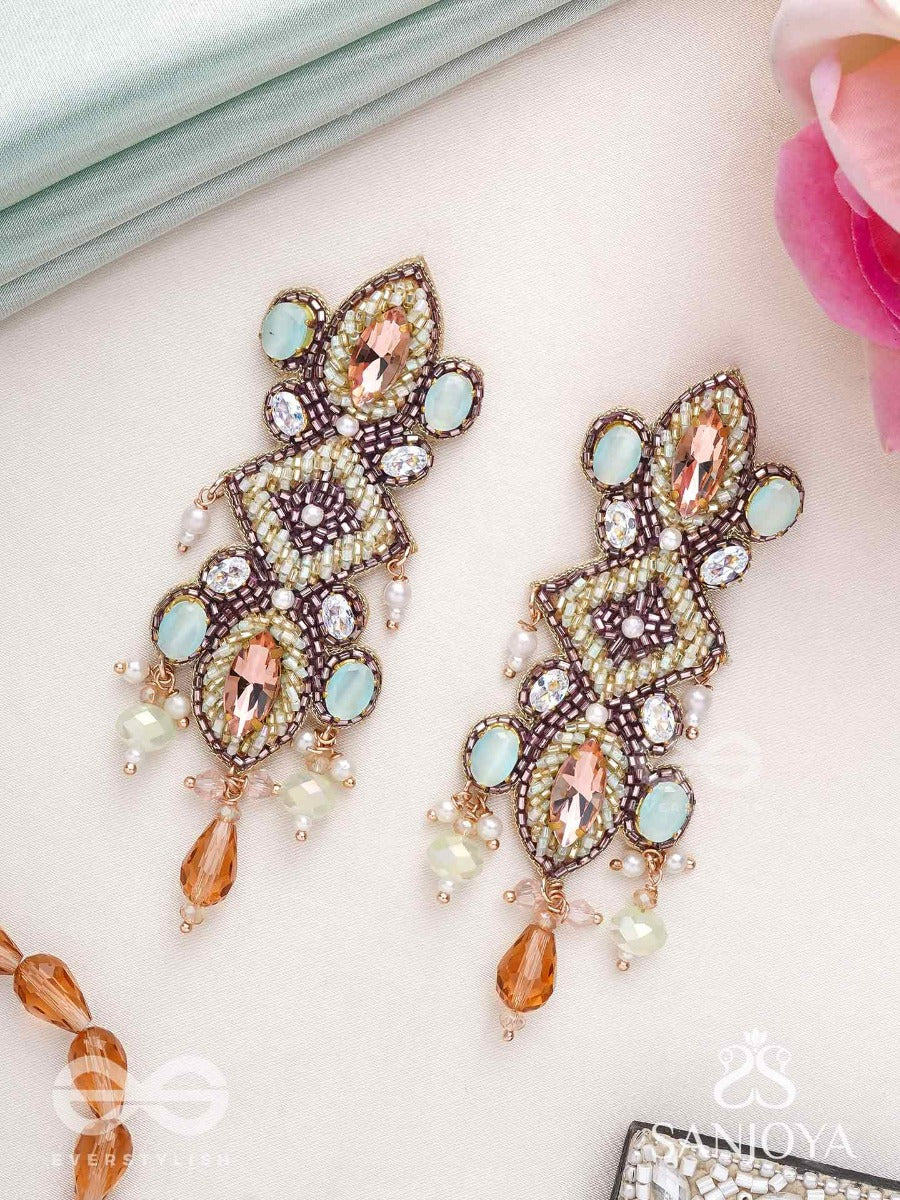 Shringarakundala-Ornamental Earrings-Turquoise And Tangerine Stones, Embellished With Beads And Pearls.
