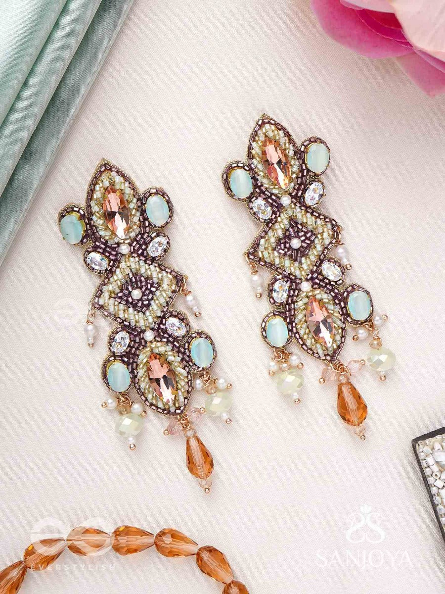 Shringarakundala-Ornamental Earrings-Turquoise And Tangerine Stones, Embellished With Beads And Pearls.