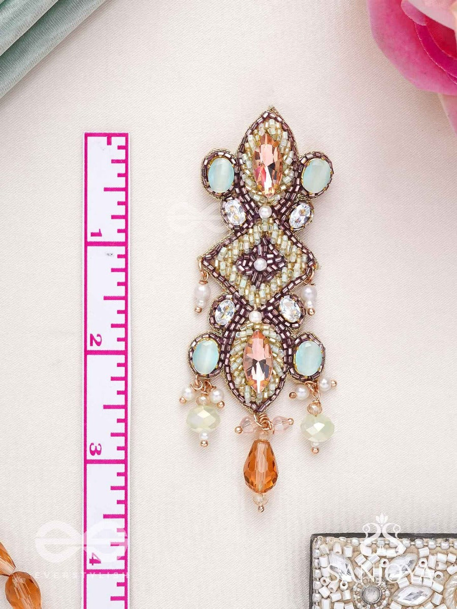 Shringarakundala-Ornamental Earrings-Turquoise And Tangerine Stones, Embellished With Beads And Pearls.