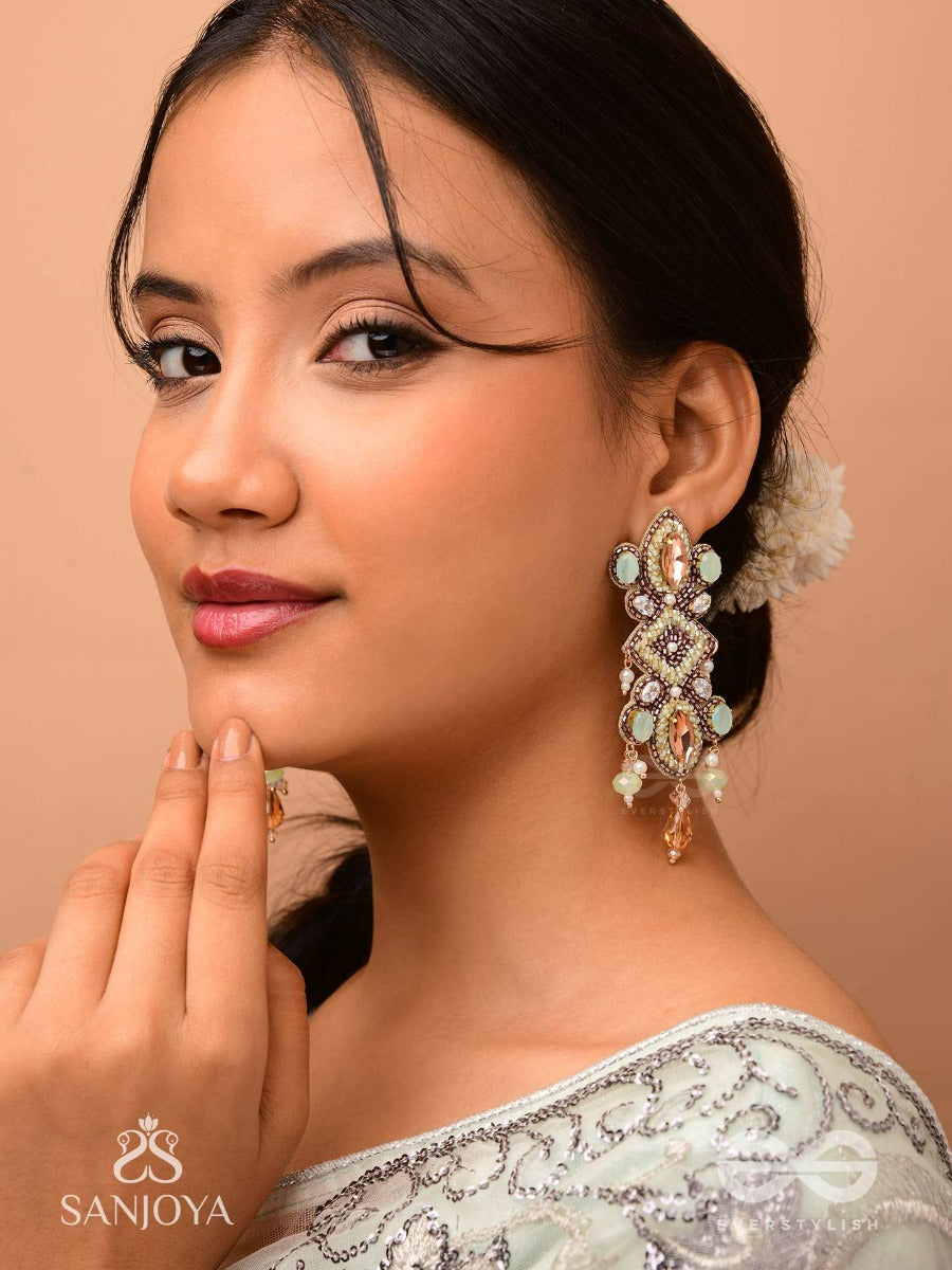 Shringarakundala-Ornamental Earrings-Turquoise And Tangerine Stones, Embellished With Beads And Pearls.