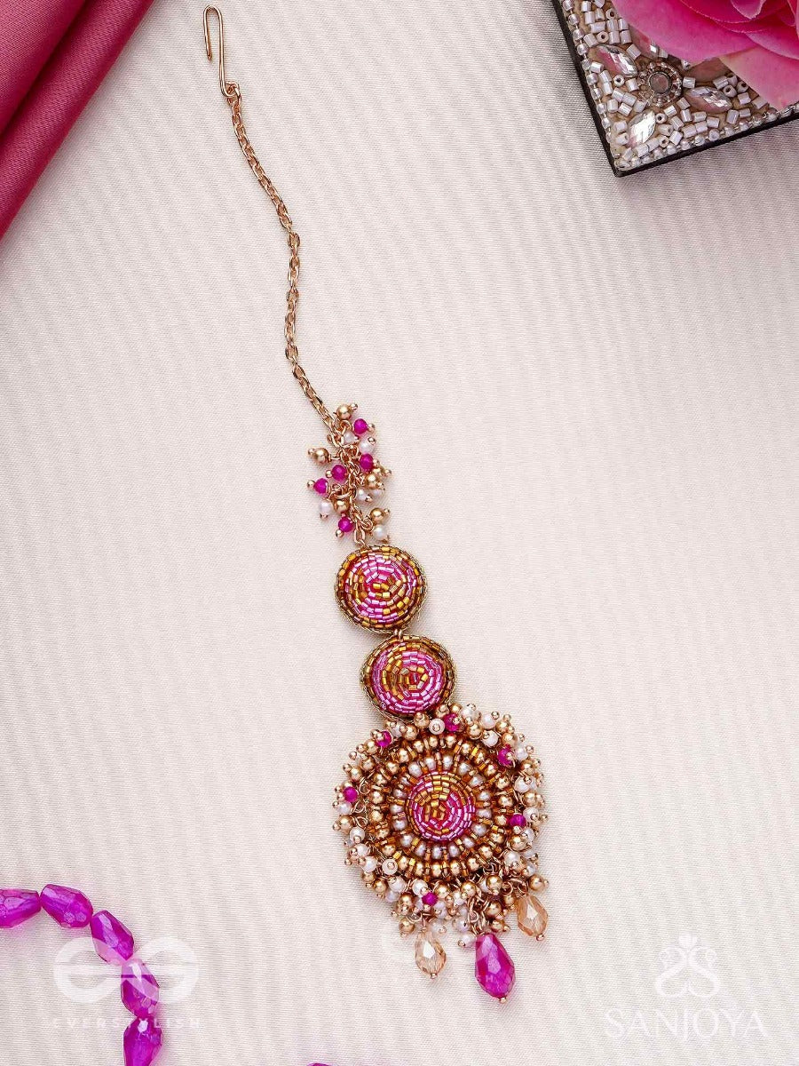 Rakta-Kumudini-Pink Lotus Blossom Hair Accessory-Maangtika Featuring Elegant Circular Designs With Beads & Stones.