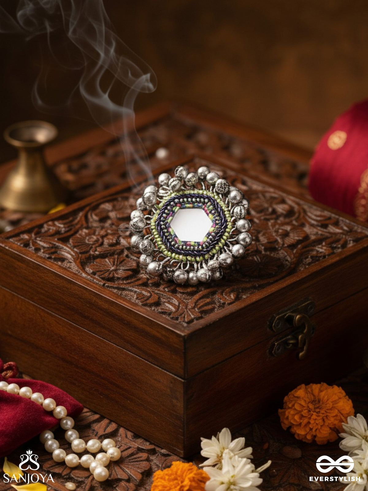 Chandra-Kanta-Moonlit Radiance-Embroidered Oxidised Ring With Beads And Ghungroo