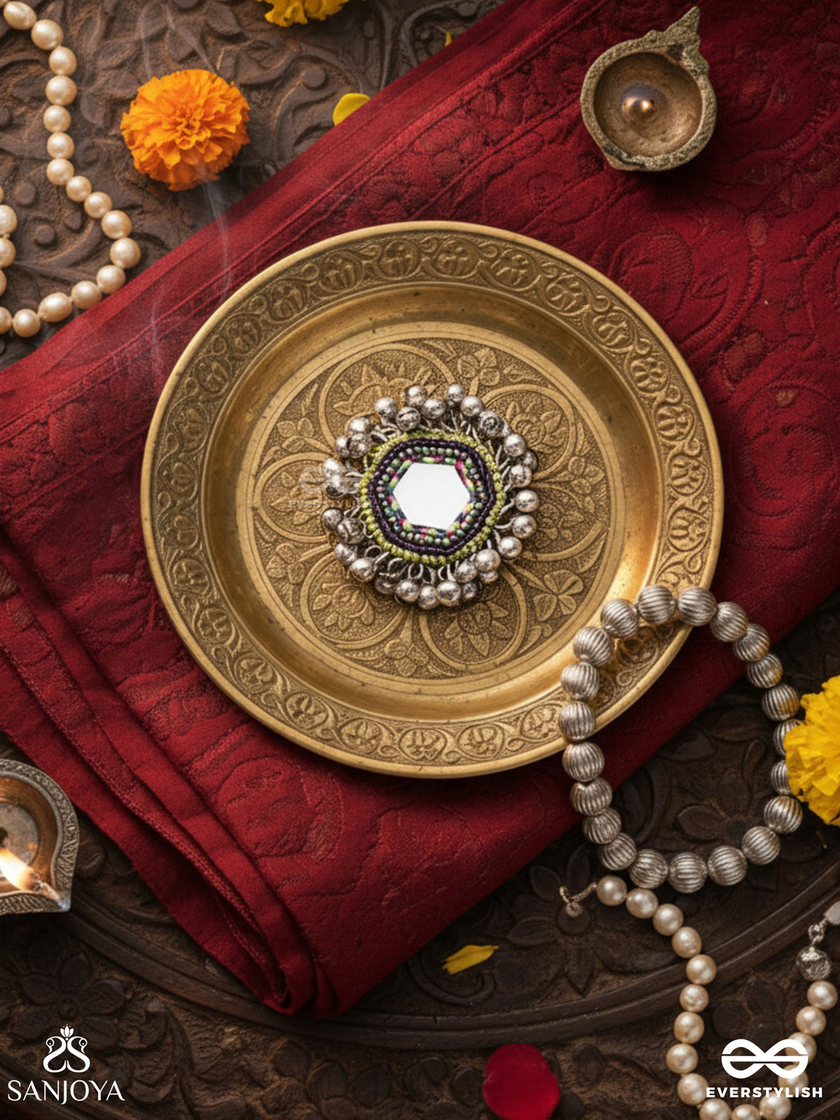 Chandra-Kanta-Moonlit Radiance-Embroidered Oxidised Ring With Beads And Ghungroo