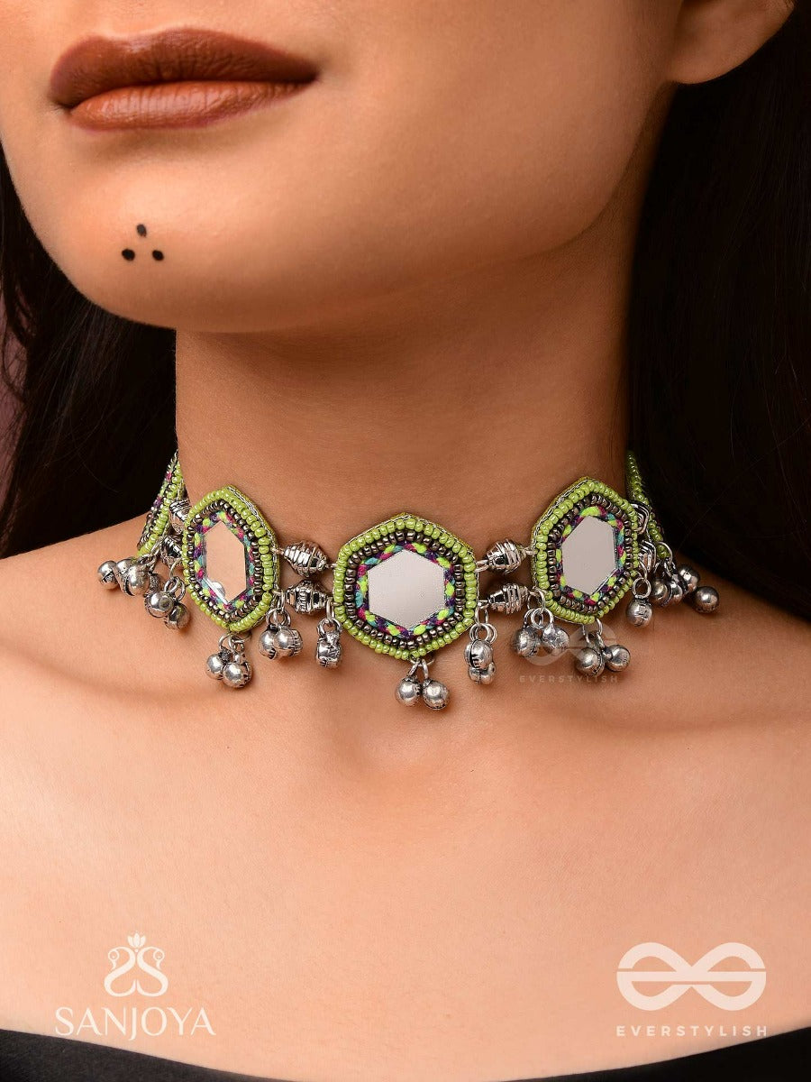 Chayamala-Reflective Choker- Oxidized Choker Featuring Intricate Beadwork, Mirrors, Ghungroo (Small Bells), And Thread Details