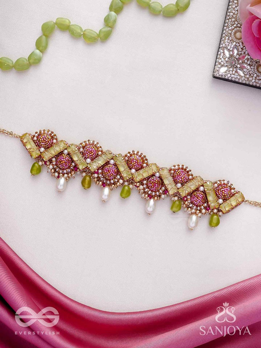 Manimekhala-Bejewelled Girdle-Choker Adorned With Pink And Gold Gemstones, Beads And Delicate Pearl Drops.