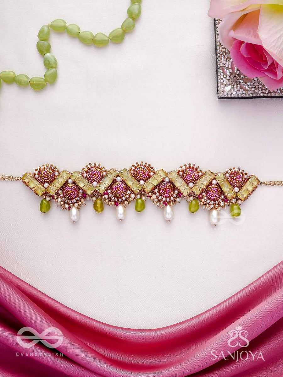 Manimekhala-Bejewelled Girdle-Choker Adorned With Pink And Gold Gemstones, Beads And Delicate Pearl Drops.
