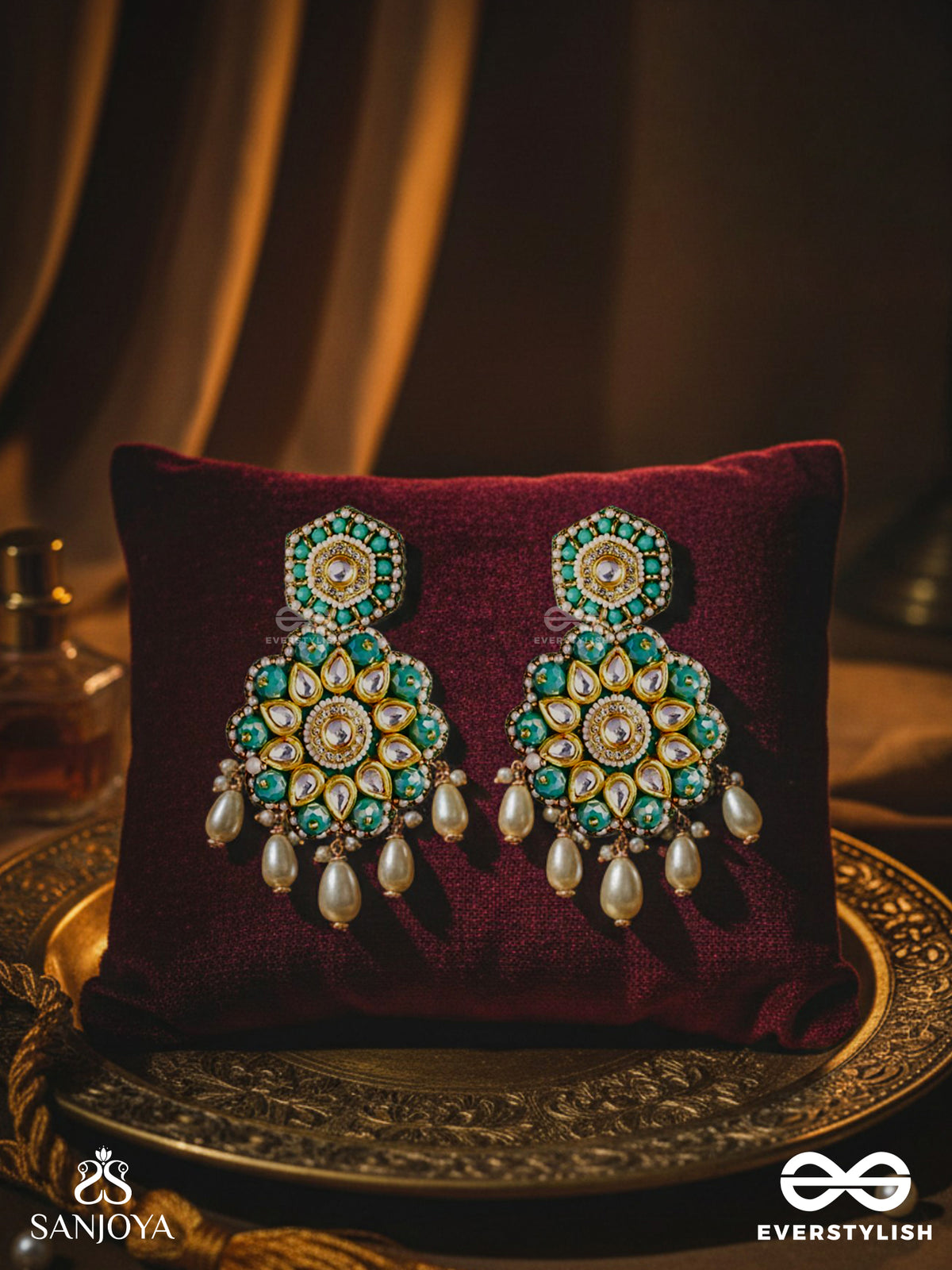 Vaidurya-Emerald Blossom- Firozi-Colored Glass Stones Earrings Paired With Golden And White Accents, Beads, And Danglers