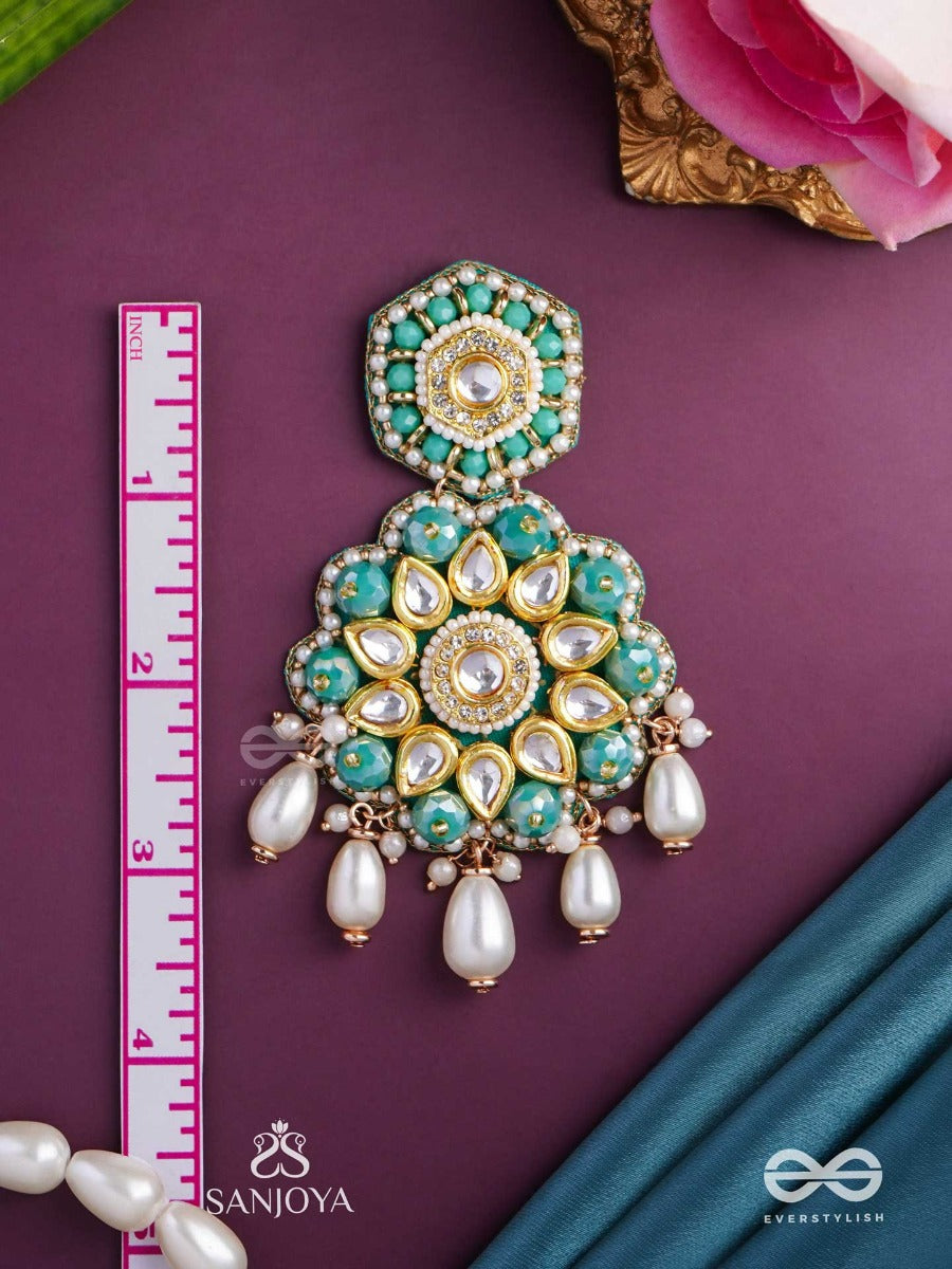 Vaidurya-Emerald Blossom- Firozi-Colored Glass Stones Earrings Paired With Golden And White Accents, Beads, And Danglers