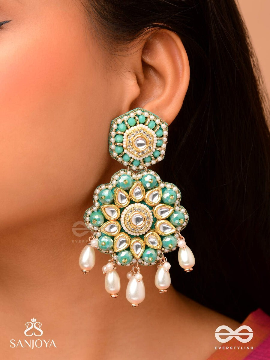 Vaidurya-Emerald Blossom- Firozi-Colored Glass Stones Earrings Paired With Golden And White Accents, Beads, And Danglers