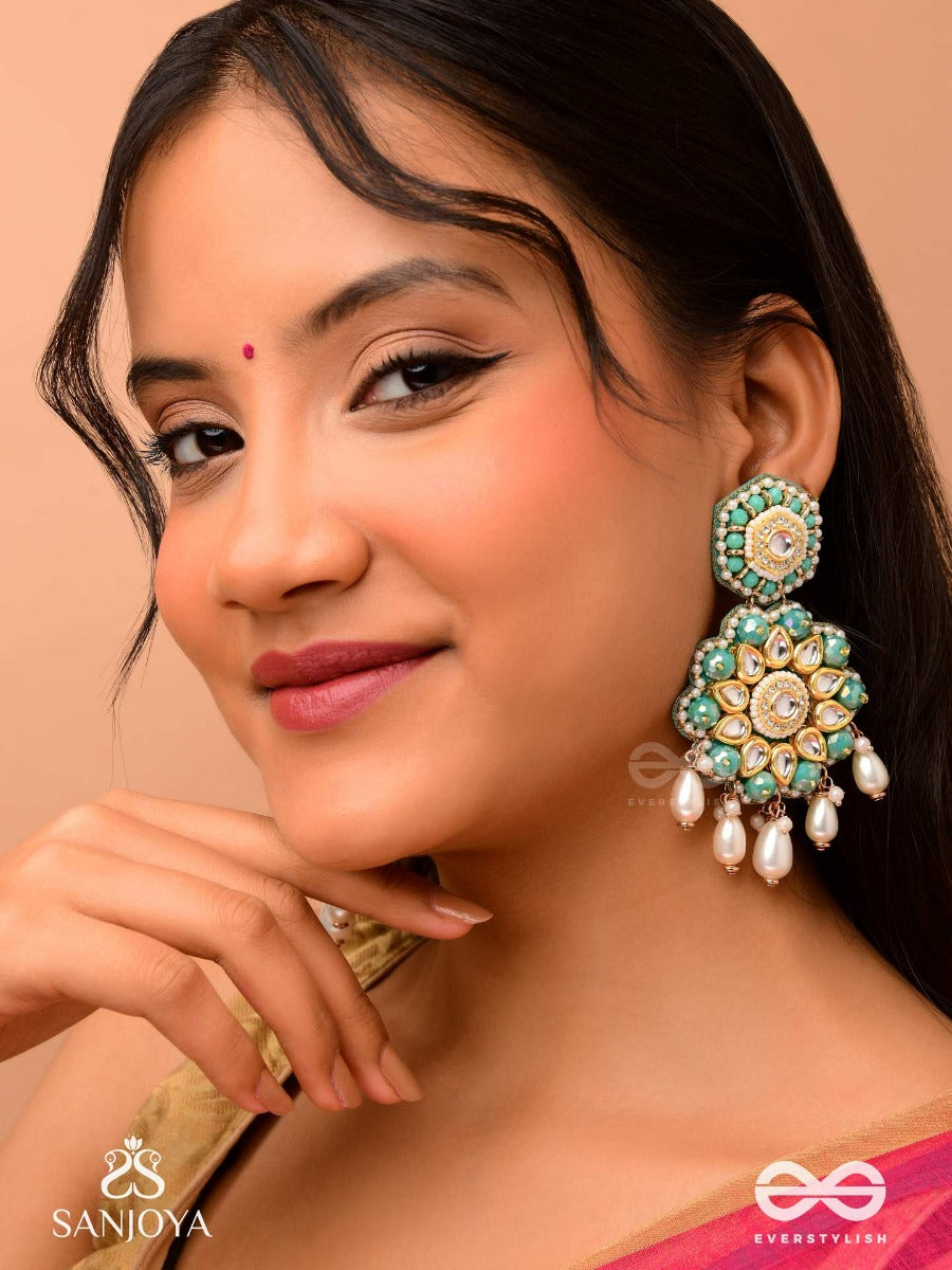 Vaidurya-Emerald Blossom- Firozi-Colored Glass Stones Earrings Paired With Golden And White Accents, Beads, And Danglers