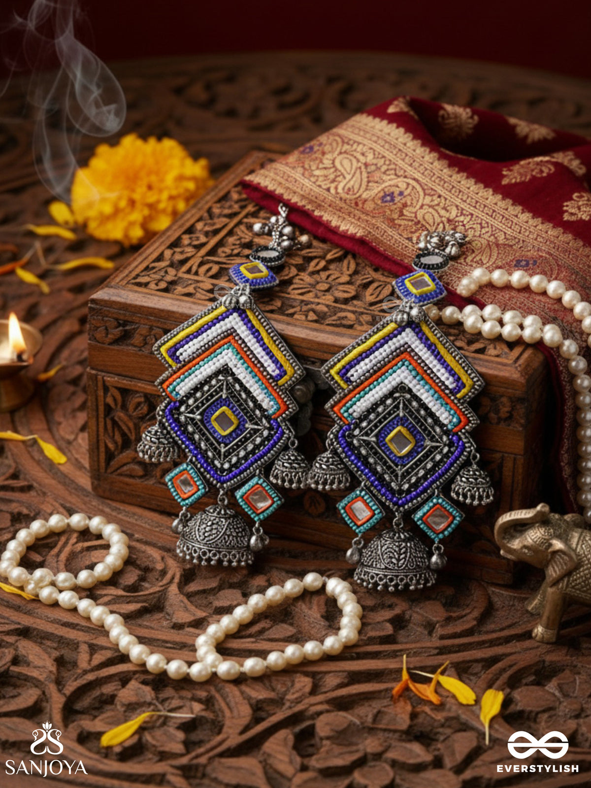 Pratibimba-Reflective Jhumka-Brick Stitch Pattern Earrings With Geometric Mirror Inlays, Thread Work And Jhumkas.