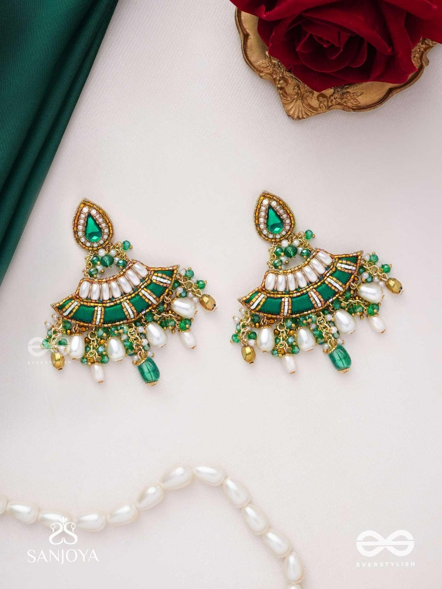 Chandravata- Crescent Branch Earrings- Embroidered Earrings With Stones, Beads, Pearls And Resham Work