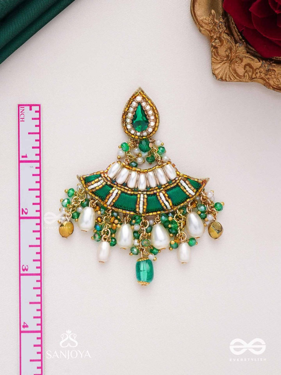 Chandravata- Crescent Branch Earrings- Embroidered Earrings With Stones, Beads, Pearls And Resham Work