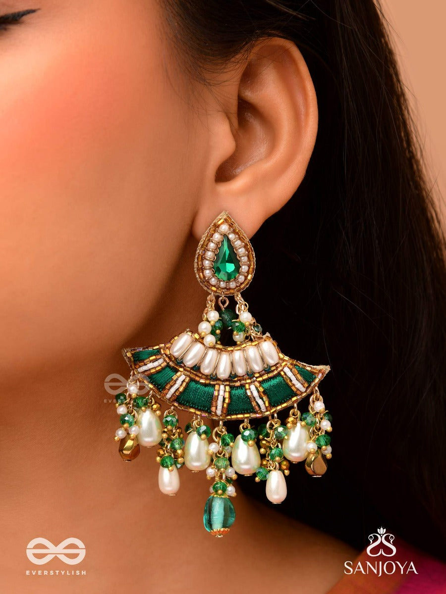 Chandravata- Crescent Branch Earrings- Embroidered Earrings With Stones, Beads, Pearls And Resham Work