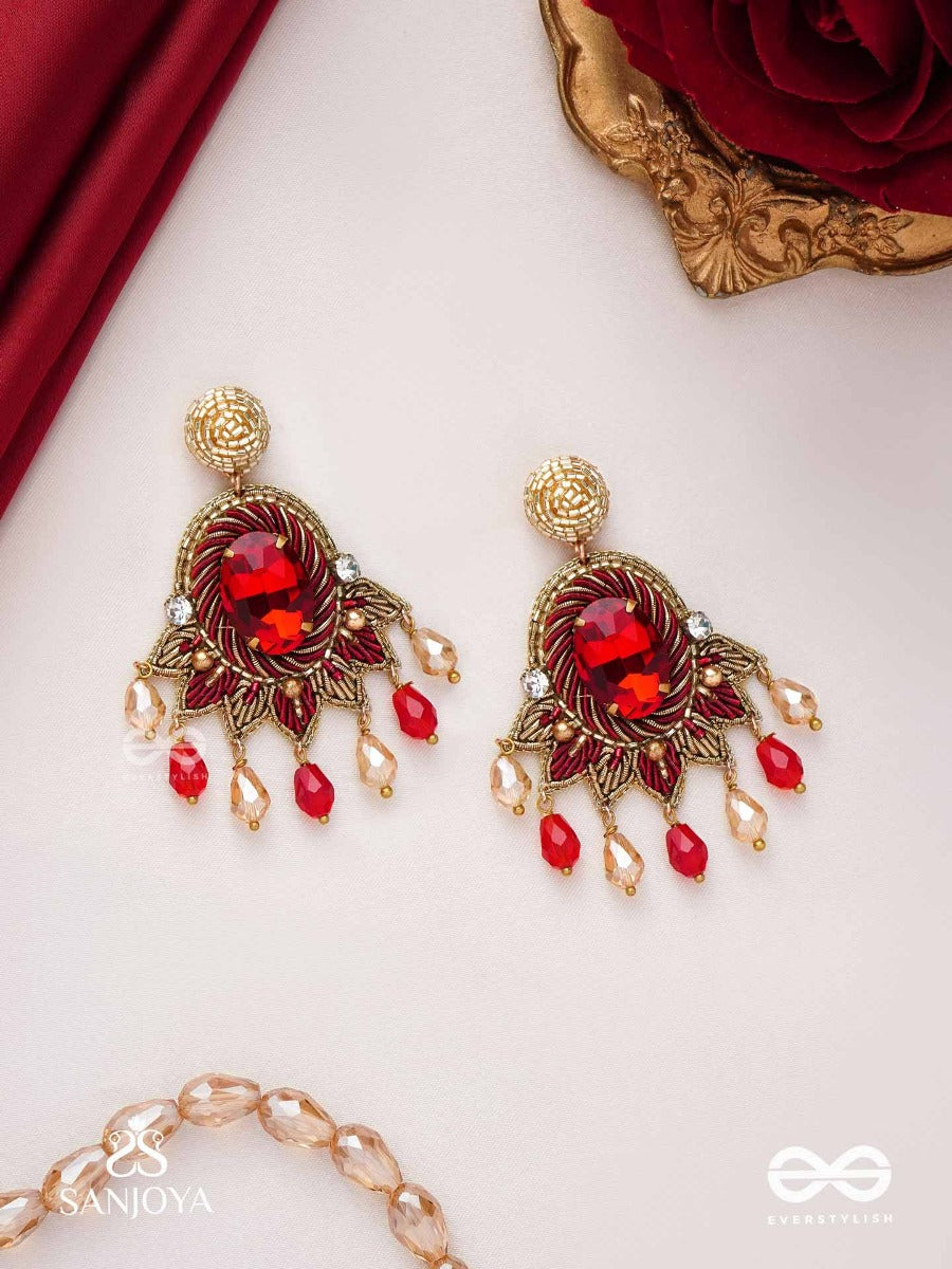 Raktavarna-Red Hue Hand-Embroidered Earrings In Red And Gold Tones, Featuring Stones, Glass Beads, And Intricate Resham Thread Work