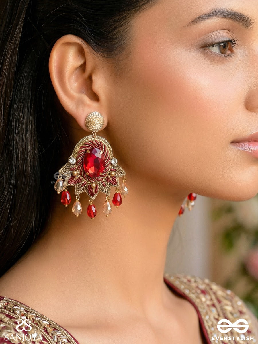 Raktavarna-Red Hue Hand-Embroidered Earrings In Red And Gold Tones, Featuring Stones, Glass Beads, And Intricate Resham Thread Work