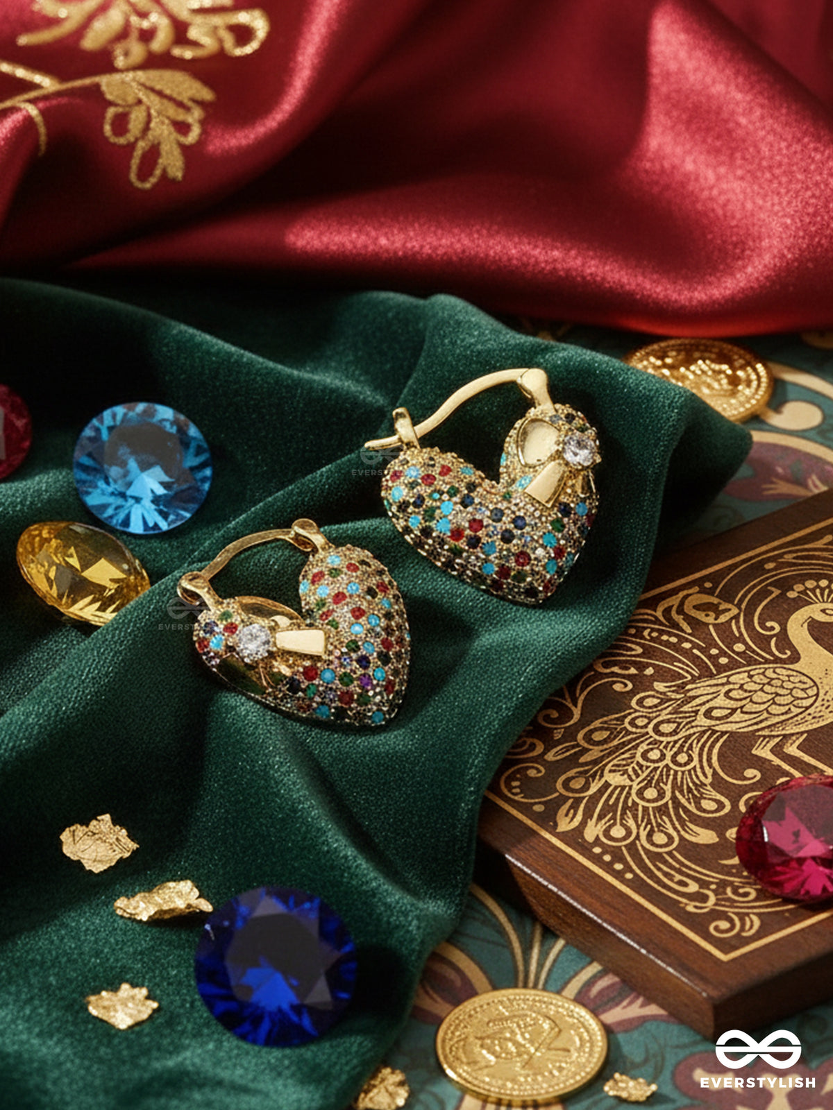 Twilight Amour - Heart Shaped Shiny 18K Gold Plated Anti-Tarnish Statement Earrings With Cubic Zicronia Stones