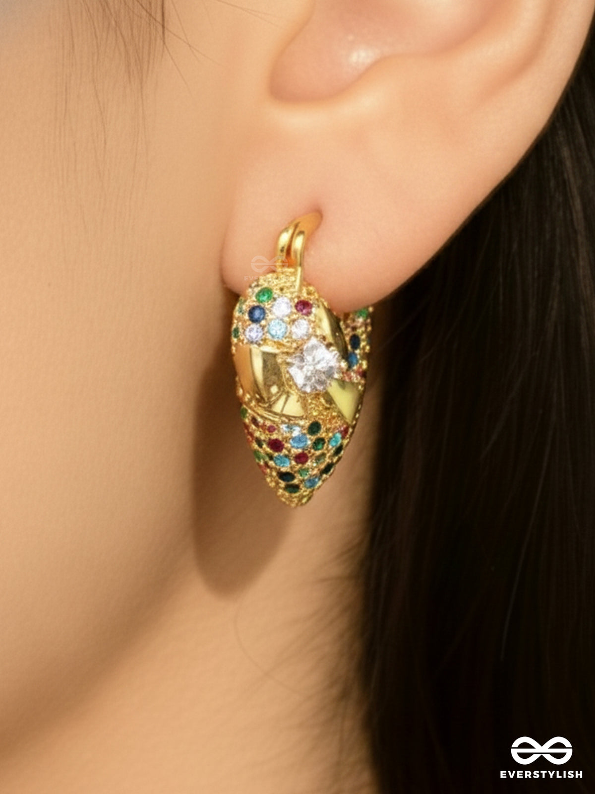 Twilight Amour - Heart Shaped Shiny 18K Gold Plated Anti-Tarnish Statement Earrings With Cubic Zicronia Stones
