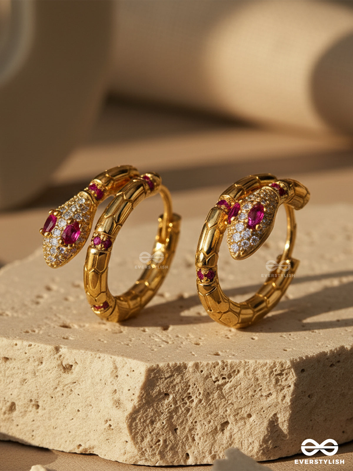 Crimson Serpent - 18K Gold Plated Anti-Tarnish Statement Golden Snake Shaped Earrings Inlaid With Cubic Zicronia Stones