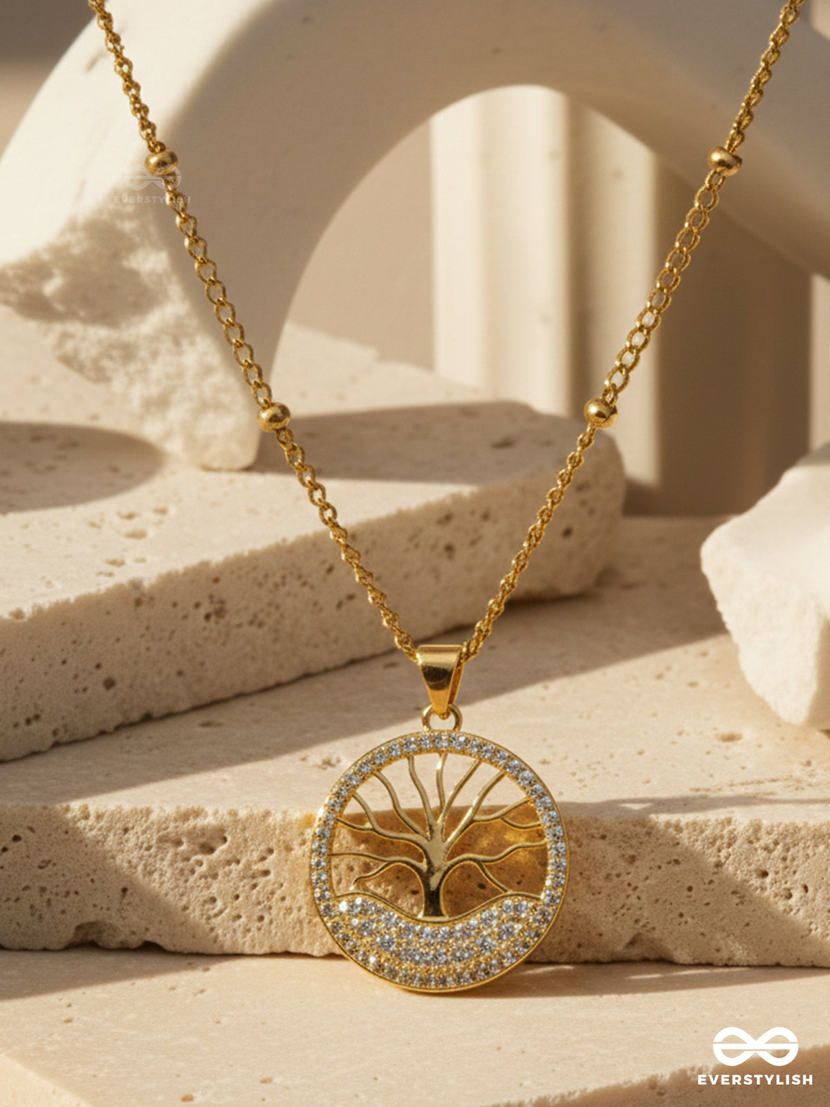 Tree Of Wisdom - 18K Gold Plated Anti-Tarnish Neckpiece Inlaid With Cubic Zicronia Stones