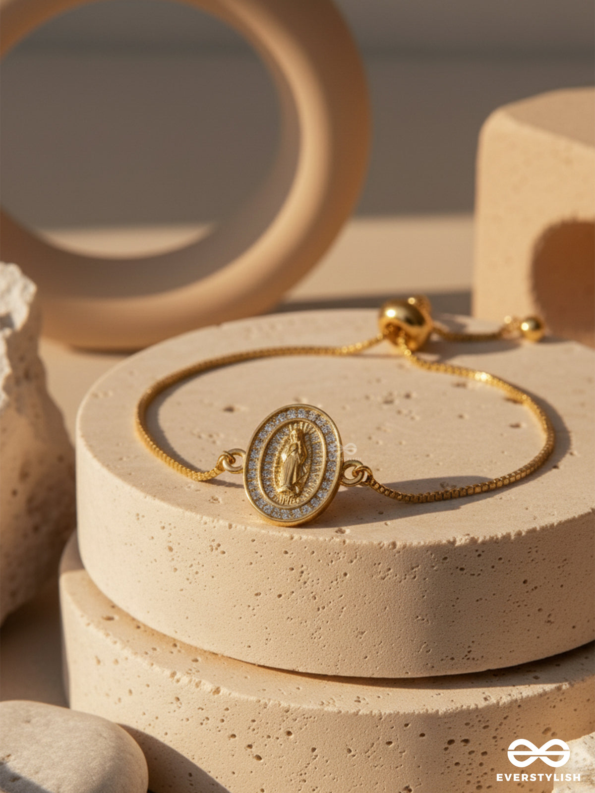 Holy Utopia - 18K Gold Plated Anti-Tarnish Bracelet With Cubic Zicronia Stones Engraved With Jesus Christ