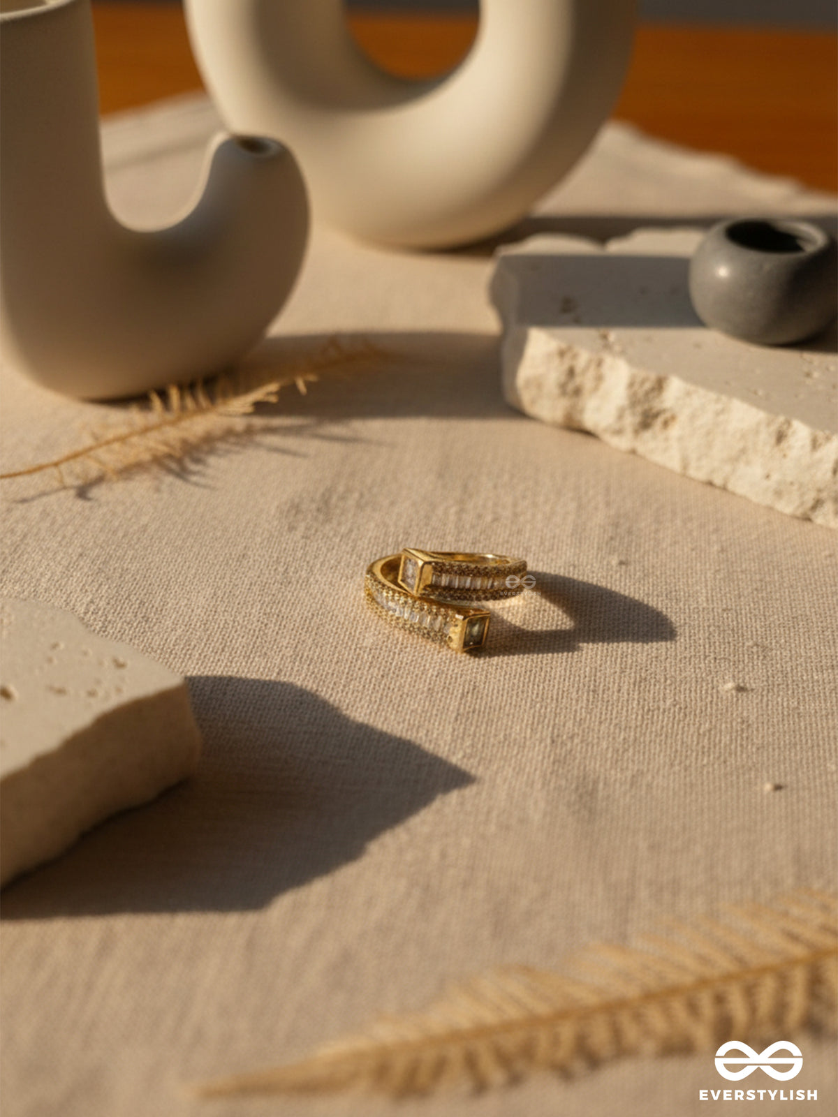 Prism Of Love - 18K Gold Plated Anti-Tarnish Golden Textured Ring With Cubic Zicronia Stones