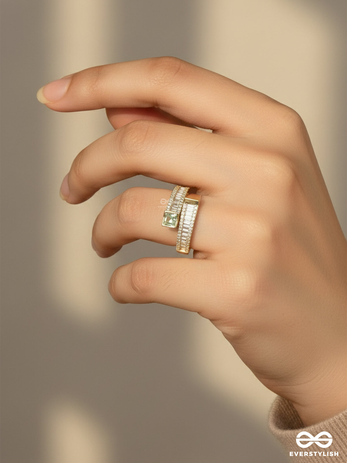 Prism Of Love - 18K Gold Plated Anti-Tarnish Golden Textured Ring With Cubic Zicronia Stones