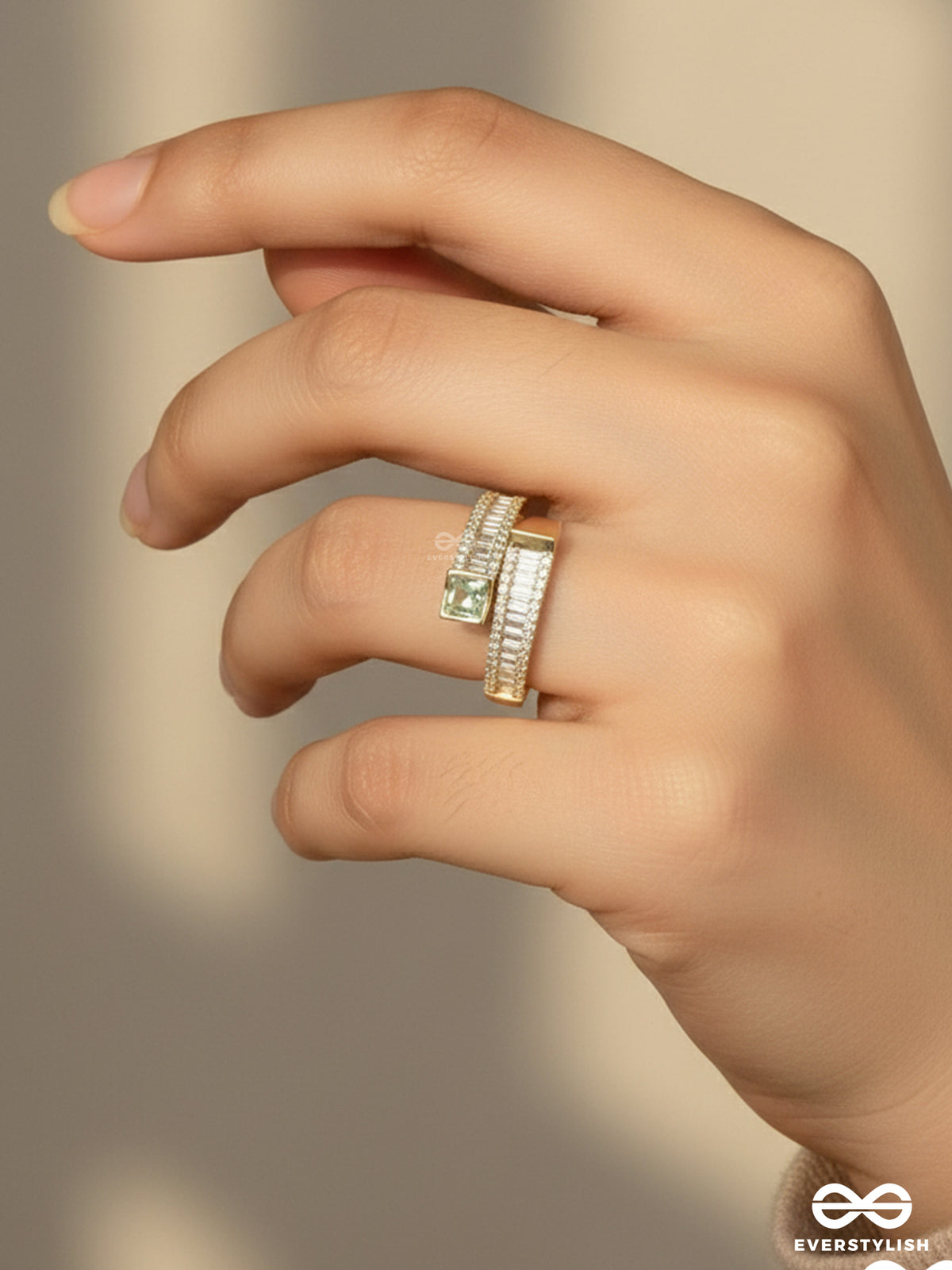 Prism Of Love - 18K Gold Plated Anti-Tarnish Golden Textured Ring With Cubic Zicronia Stones
