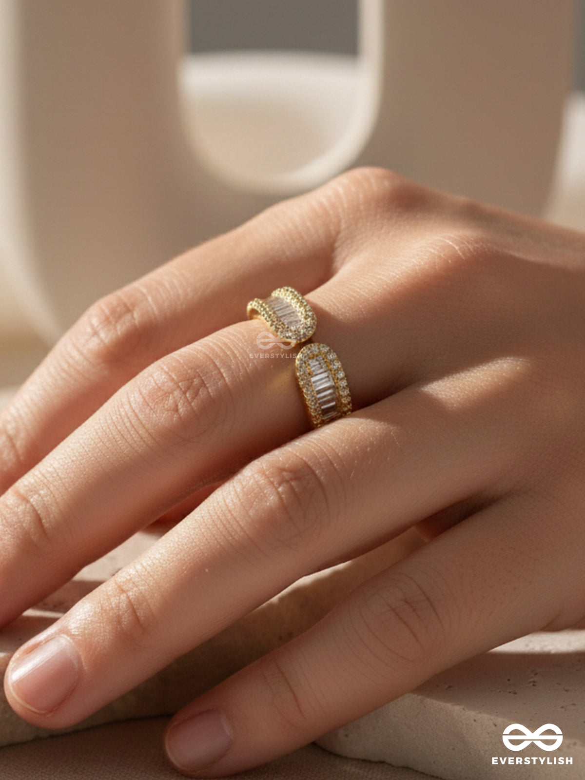 Crystal Twirl- 18K Gold Plated Anti-Tarnish Textured Ring With Cubic Zirconia Stones