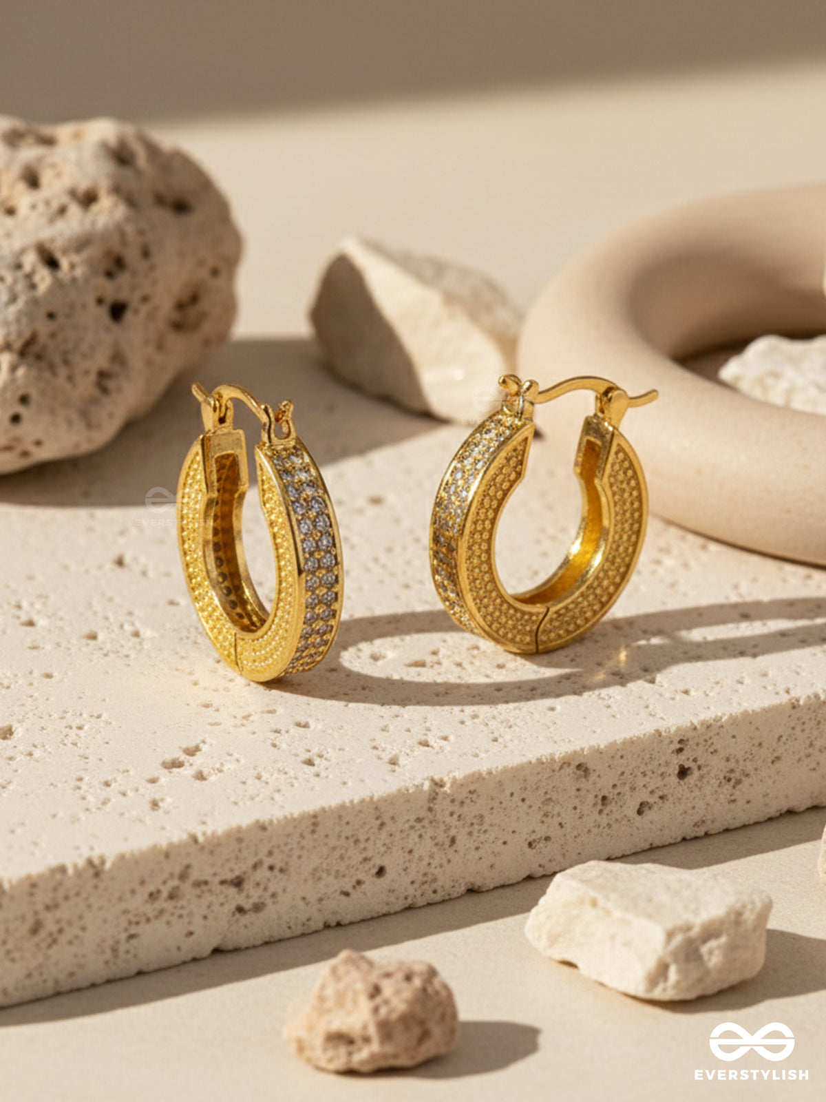 Gold Allure - Textured 18K Gold Plated Anti-Tarnish Earrings Inlaid With Cubic Zicronia Stones