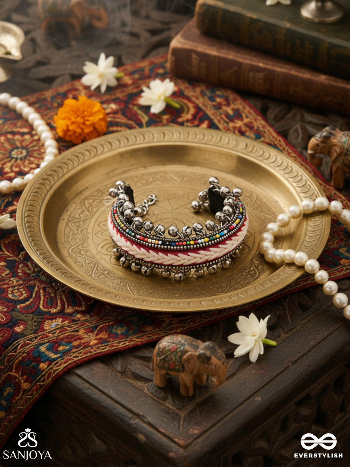 Shakhaabandha- Branch Bind- Oxidized Hand Embroidered Bracelet, Thread Work Accented With Ghungroo And Beads