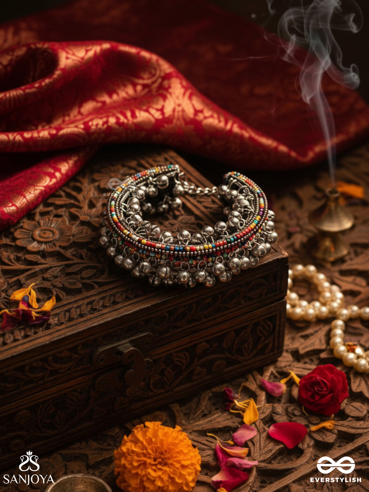Shakhaabandha- Branch Bind- Oxidized Hand Embroidered Bracelet, Thread Work Accented With Ghungroo And Beads
