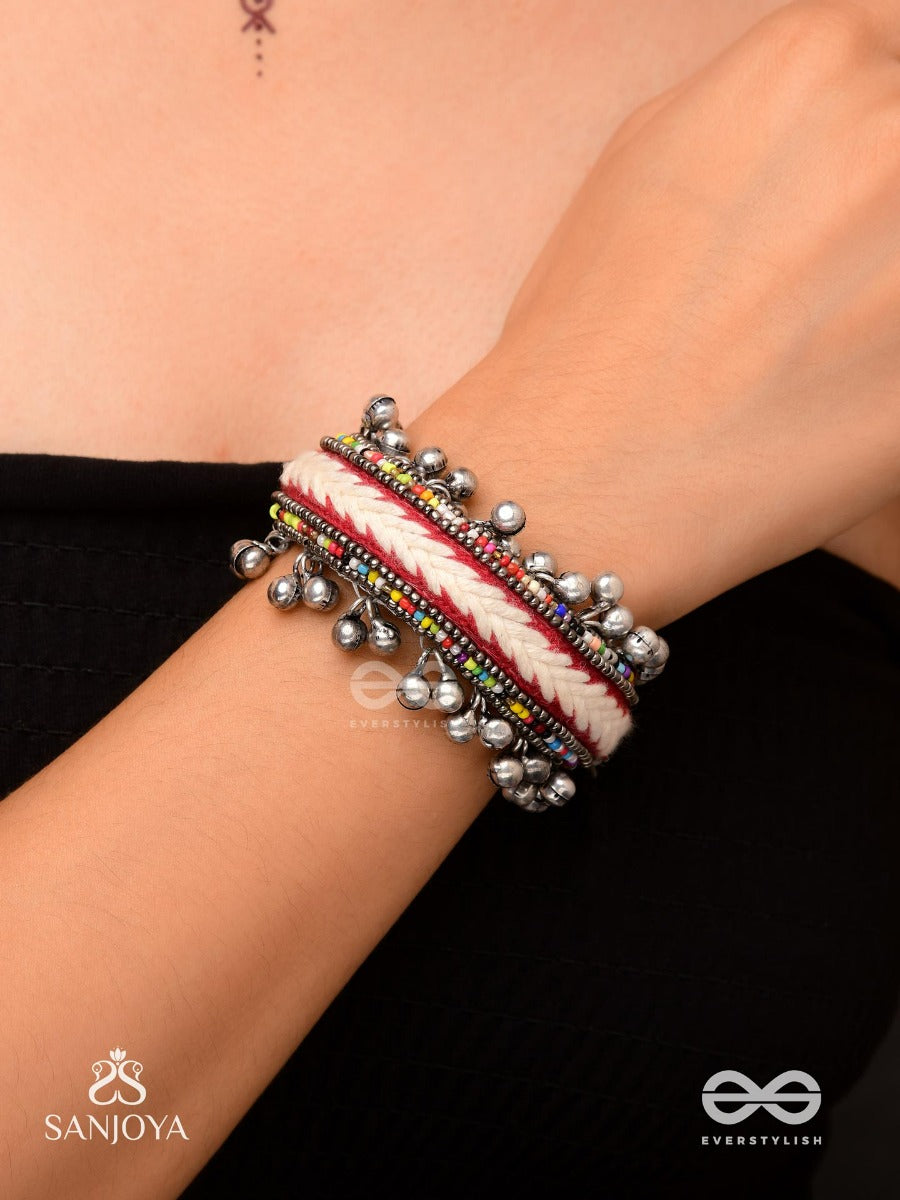 Shakhaabandha- Branch Bind- Oxidized Hand Embroidered Bracelet, Thread Work Accented With Ghungroo And Beads