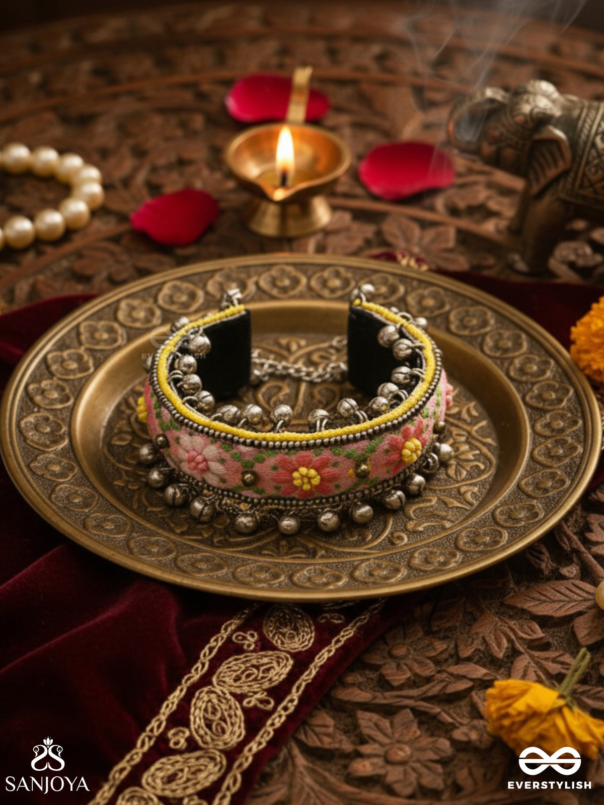 Sumanalekha-Floral Pattern- Semi-Oxidized Bracelet Features Ghungroo, Beads, And Embroidered Flowers