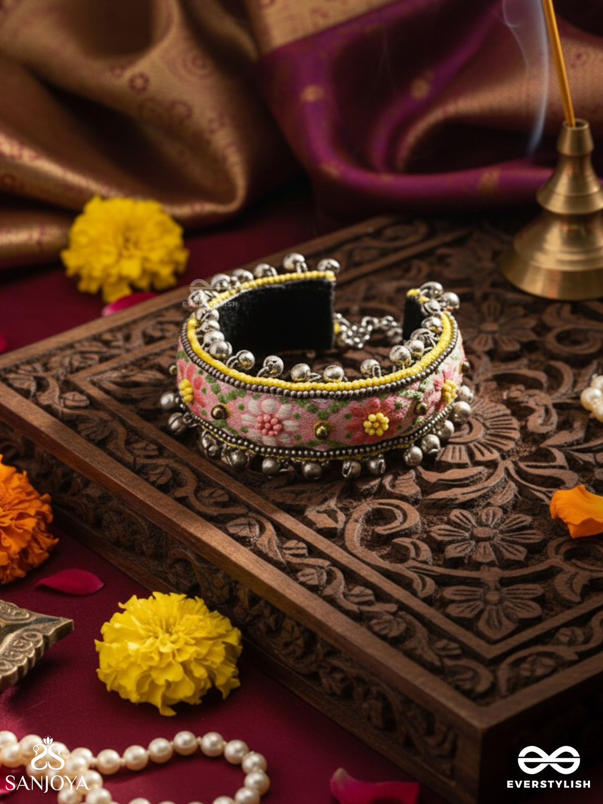 Sumanalekha-Floral Pattern- Semi-Oxidized Bracelet Features Ghungroo, Beads, And Embroidered Flowers