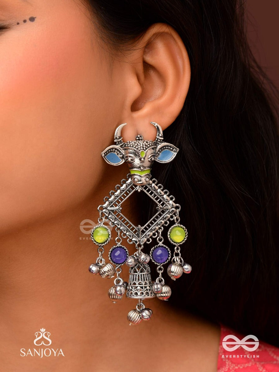 Nandi Manikarna- Nandi Stone Earrings-Oxidized Earrings Featuring A Bull Face, Adorned With Stones And Ghunghroos