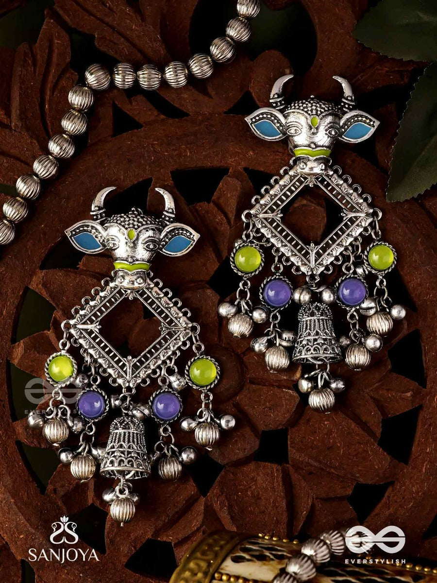Nandi Manikarna- Nandi Stone Earrings-Oxidized Earrings Featuring A Bull Face, Adorned With Stones And Ghunghroos