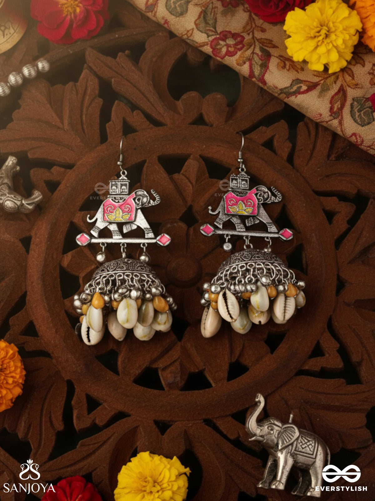 Gajasankha Karnika- Elephant-Shell Earrings- Oxidized Earrings Featuring An Elegant Motif, Delicate Ghunghroo's, And Cowrie Shells