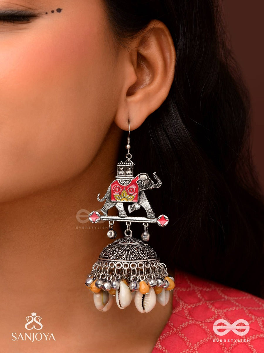 Gajasankha Karnika- Elephant-Shell Earrings- Oxidized Earrings Featuring An Elegant Motif, Delicate Ghunghroo's, And Cowrie Shells