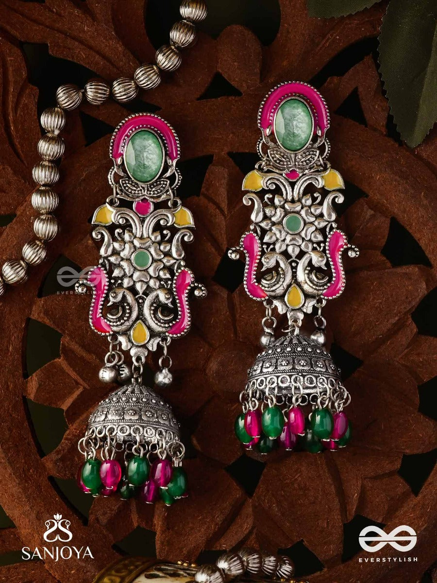 Nava-Sarasa-New Essence- Oxidized Earrings Featuring Pastel-Coloured Metalwork, Adorned With Vibrant Green And Red Beads