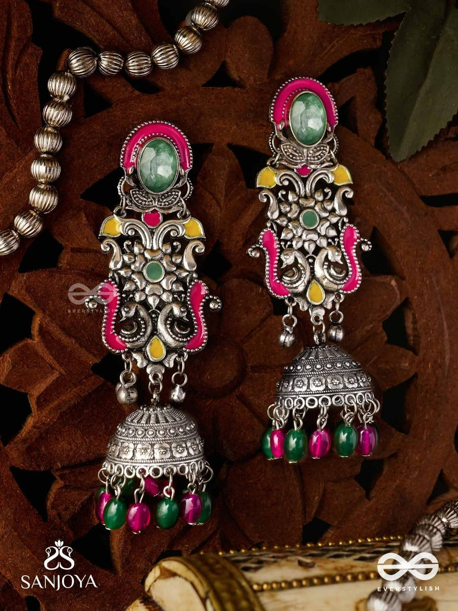 Nava-Sarasa-New Essence- Oxidized Earrings Featuring Pastel-Coloured Metalwork, Adorned With Vibrant Green And Red Beads