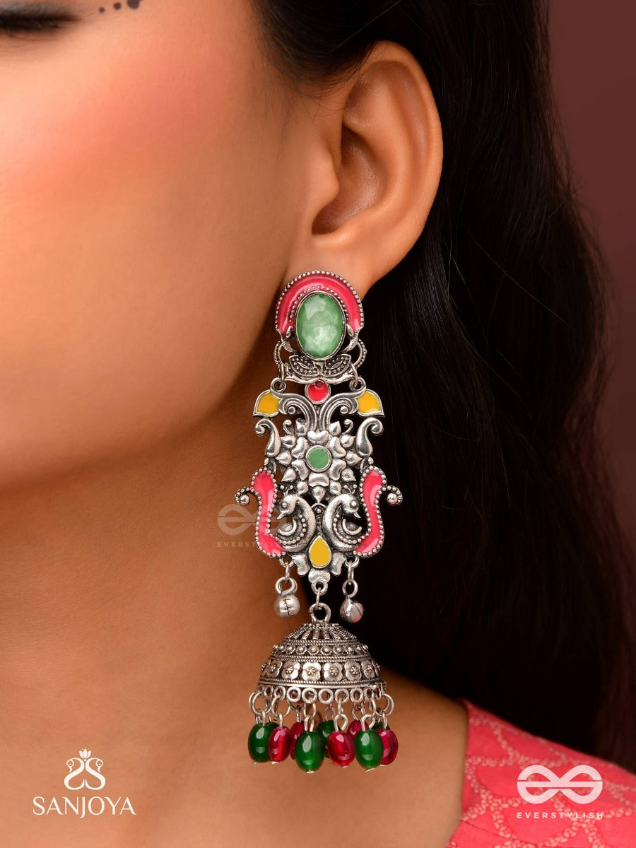 Nava-Sarasa-New Essence- Oxidized Earrings Featuring Pastel-Coloured Metalwork, Adorned With Vibrant Green And Red Beads