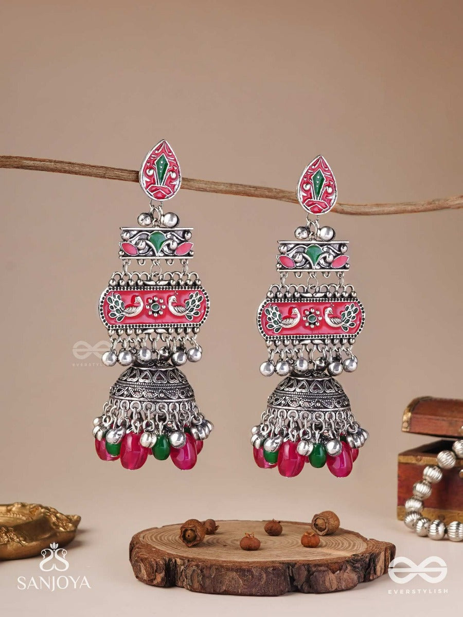 Vajrashringara-Diamond Adornment-Enamelled Oxidised Motifs Set On Silver Metalwork, Embellished With Glossy Beads And Jhumkas