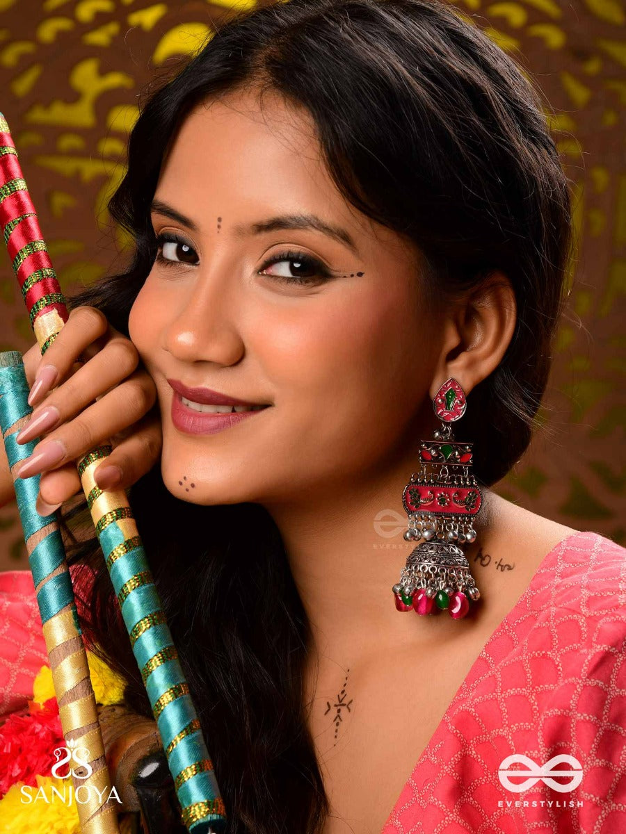 Vajrashringara-Diamond Adornment-Enamelled Oxidised Motifs Set On Silver Metalwork, Embellished With Glossy Beads And Jhumkas